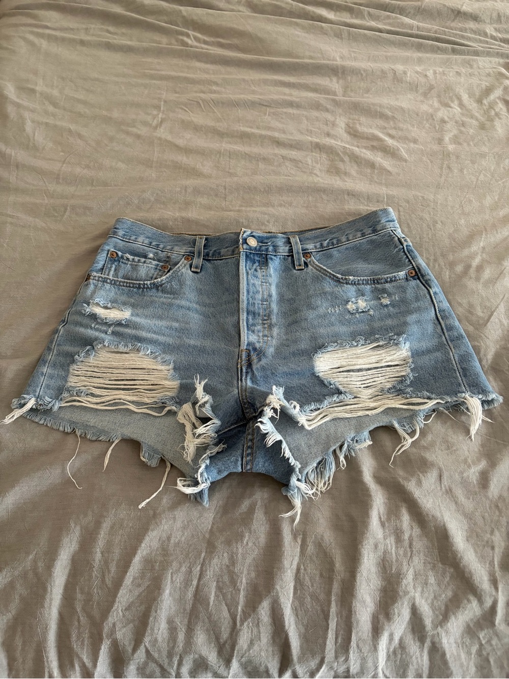 Levi's Light Blue Distressed High-Rise Denim Shorts